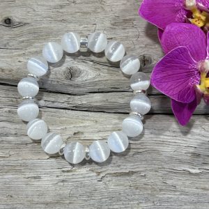 bracelet en selenite 12mm et argent