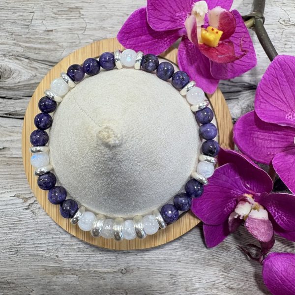 bracelet en Charoite et Pierre de Lune 6mm sur argent