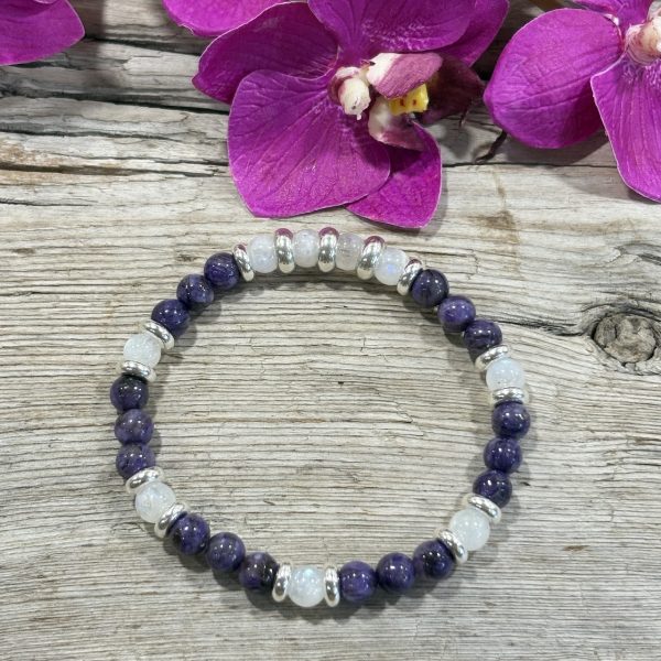 bracelet en Charoite et Pierre de Lune 6mm sur argent