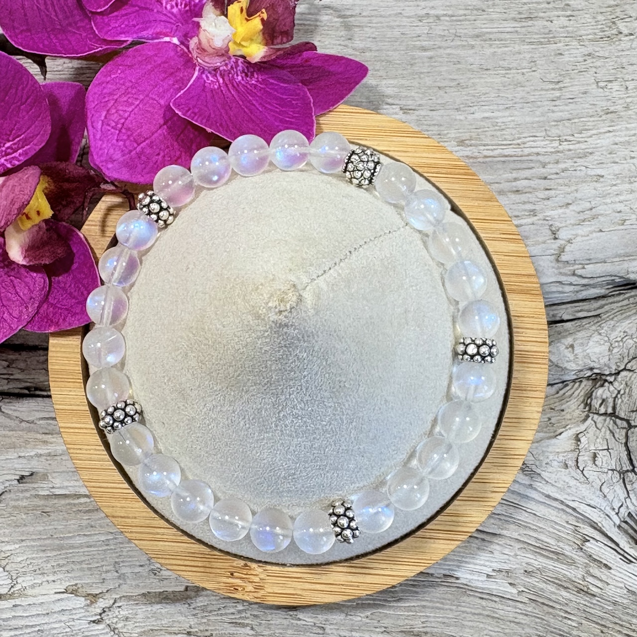 Bracelet pierre de lune 6mm et argent