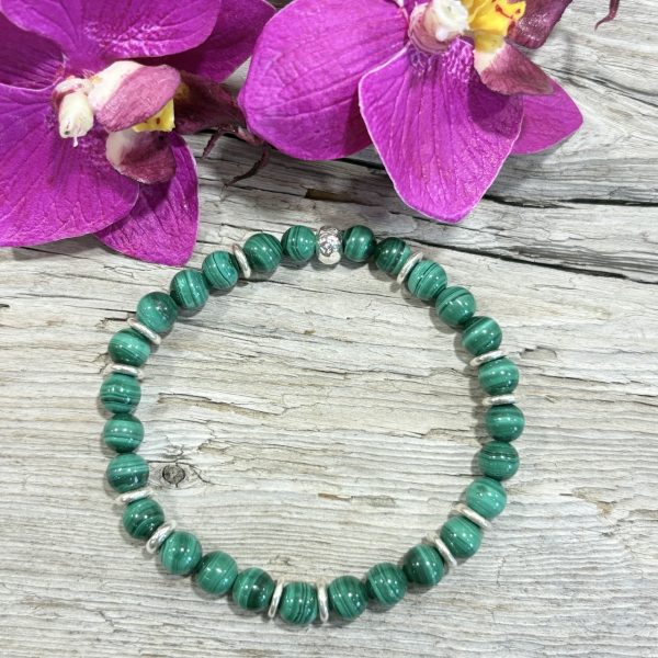Bracelet malachite 6mm et argent