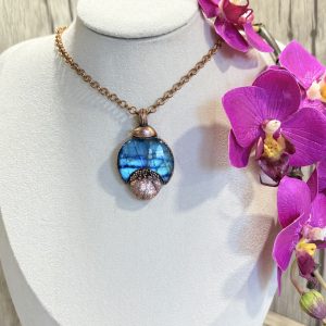 Collier ras de cou en labradorite forme lune et cuivre