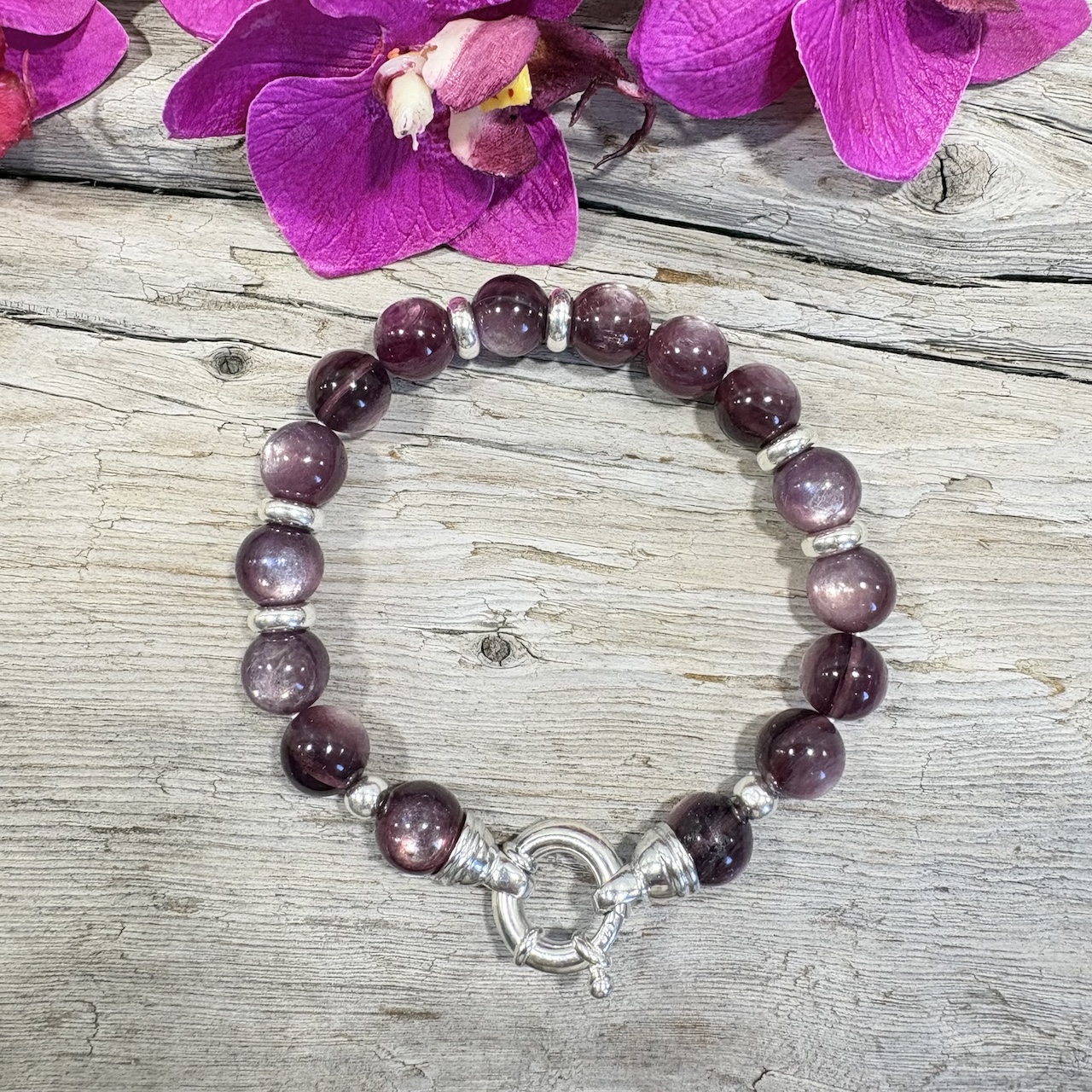 Bracelet lepidolite oeil de chat 10mm et argent